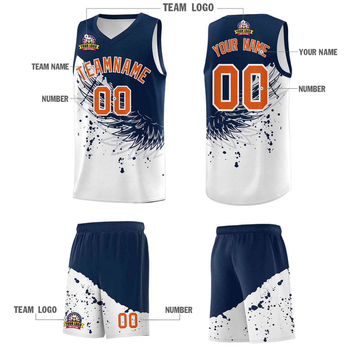 Custom White Navy Wing Pattern Sports Uniform Basketball Jersey