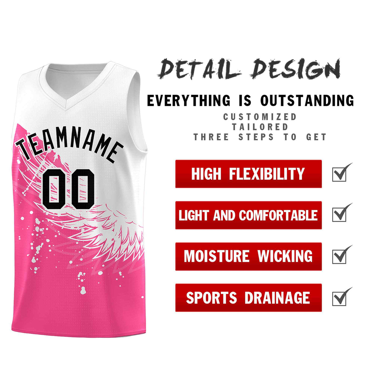Custom Pink White Wing Pattern Sports Uniform Basketball Jersey