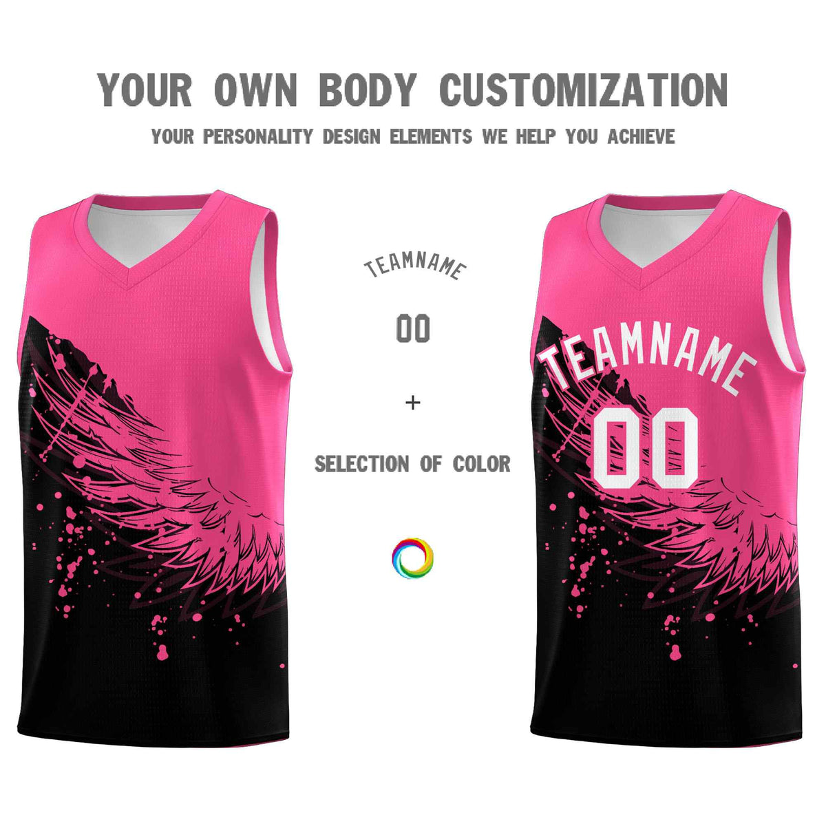 Custom Black Pink Wing Pattern Sports Uniform Basketball Jersey