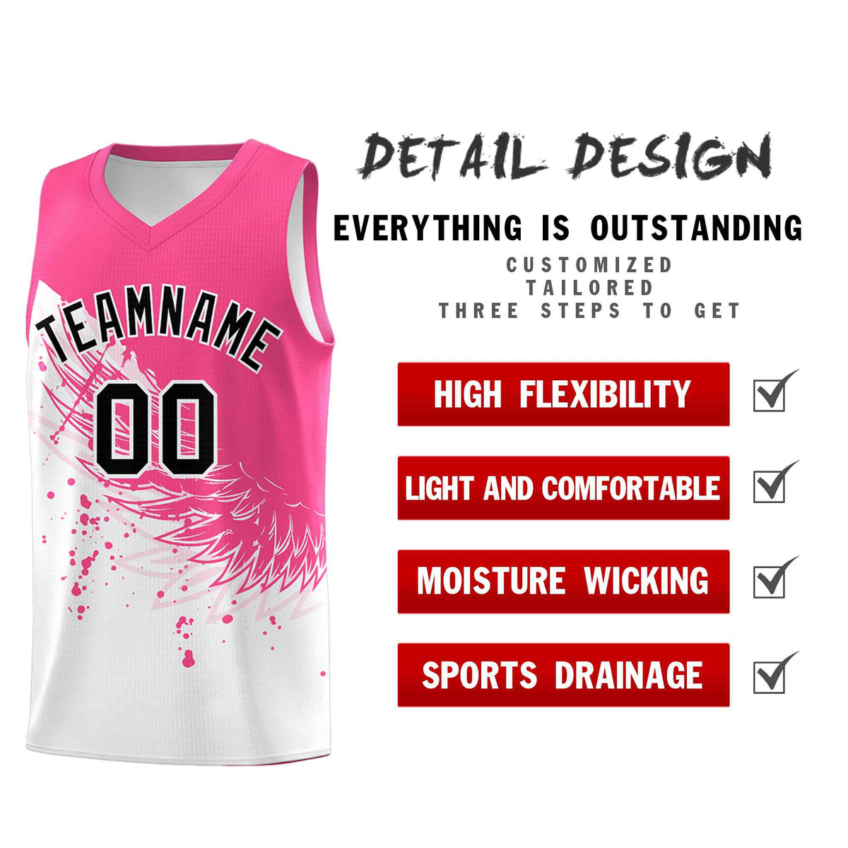 Custom White Pink Wing Pattern Sports Uniform Basketball Jersey