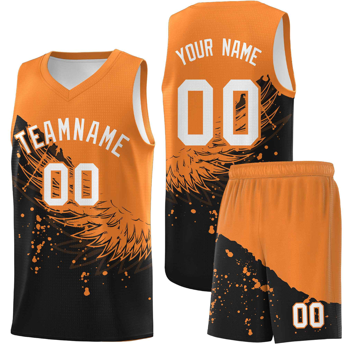 Custom Black Gold Orange Wing Pattern Sports Uniform Basketball Jersey