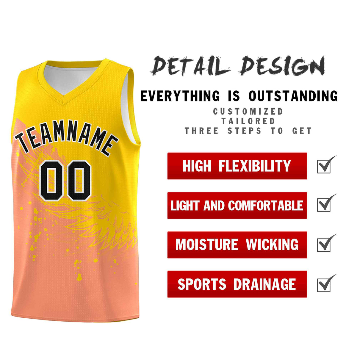 Custom Light Orange Gold Wing Pattern Sports Uniform Basketball Jersey