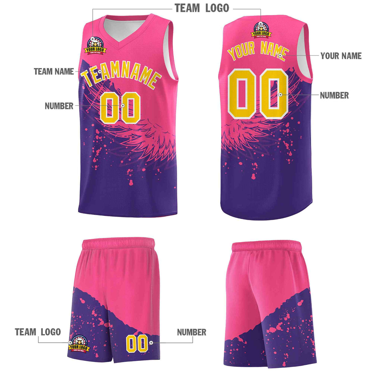 Custom Purple Pink Wing Pattern Sports Uniform Basketball Jersey