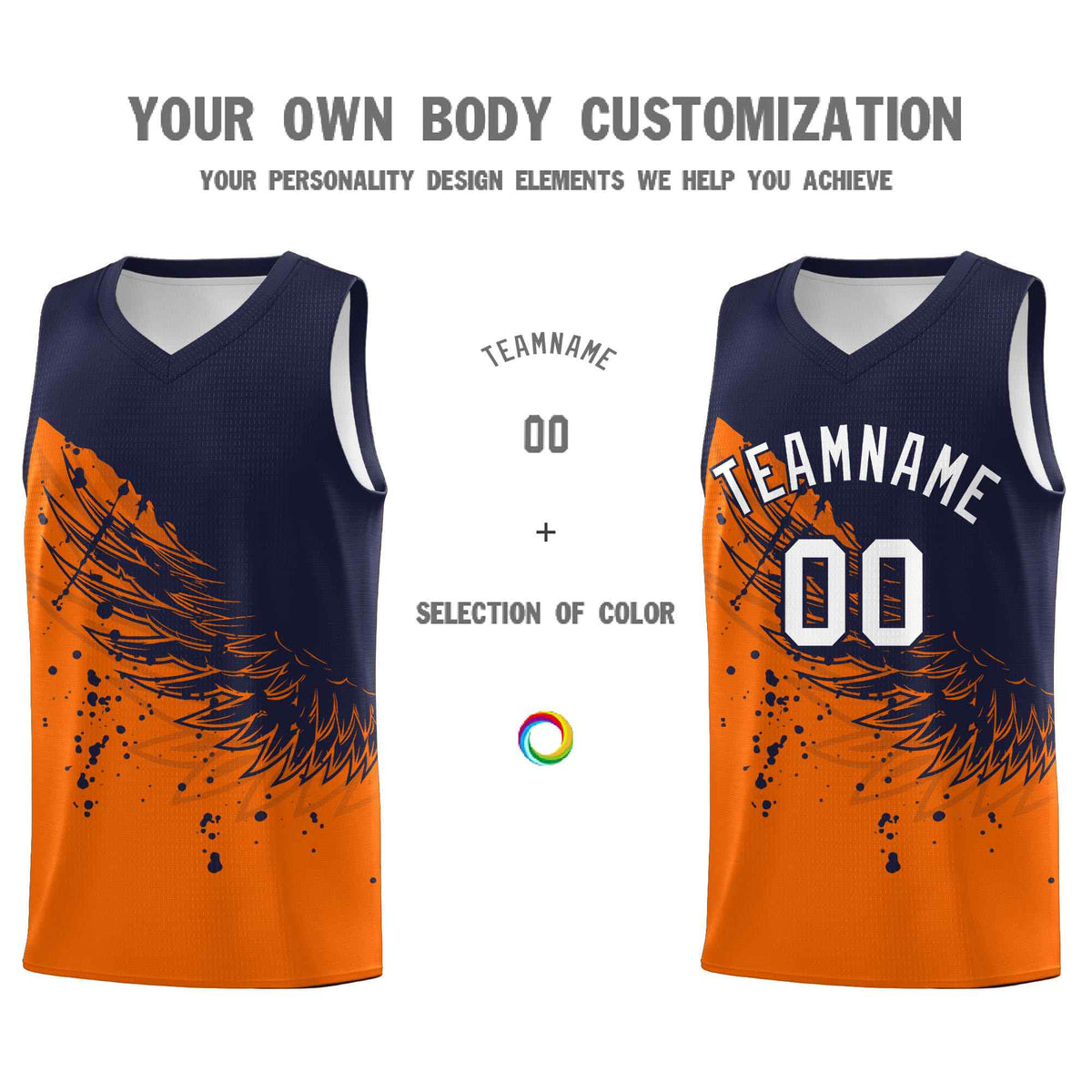 Custom Orange Navy Wing Pattern Sports Uniform Basketball Jersey
