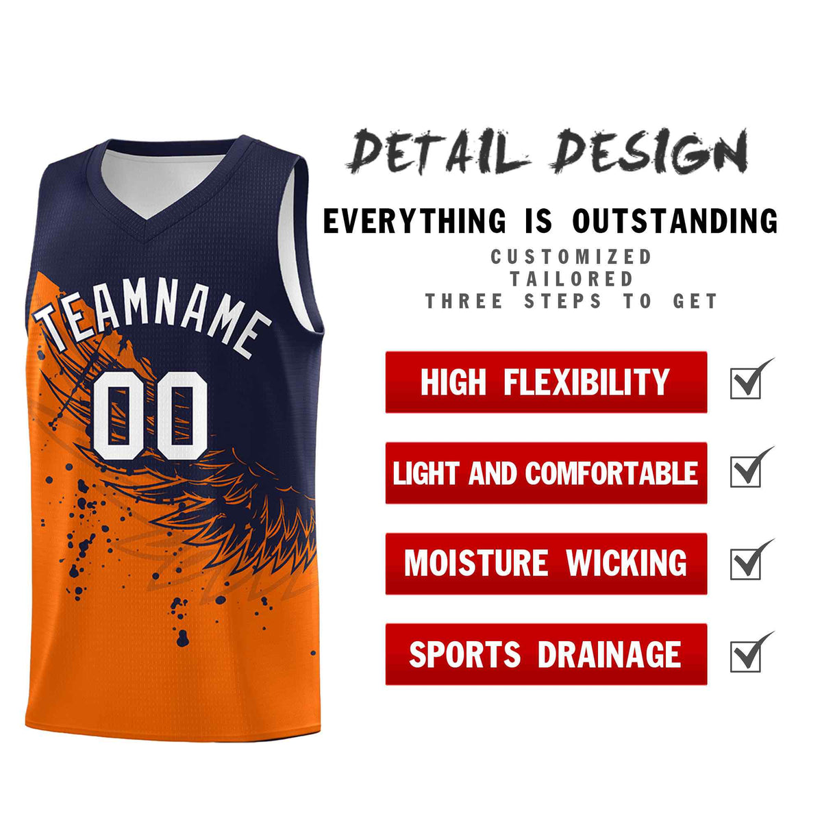 Custom Orange Navy Wing Pattern Sports Uniform Basketball Jersey