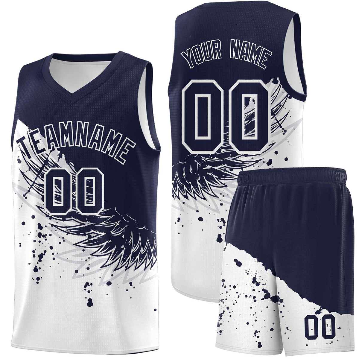 Custom White Navy Wing Pattern Sports Uniform Basketball Jersey