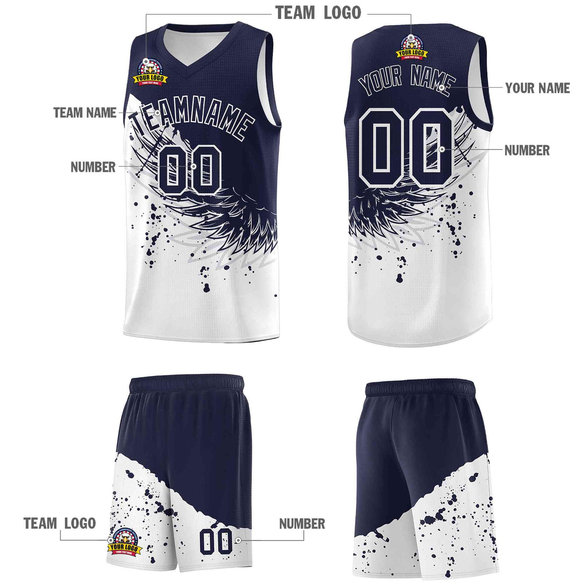 Custom White Navy Wing Pattern Sports Uniform Basketball Jersey