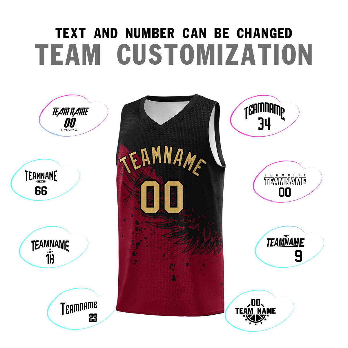 Custom Crimson Black Wing Pattern Sports Uniform Basketball Jersey