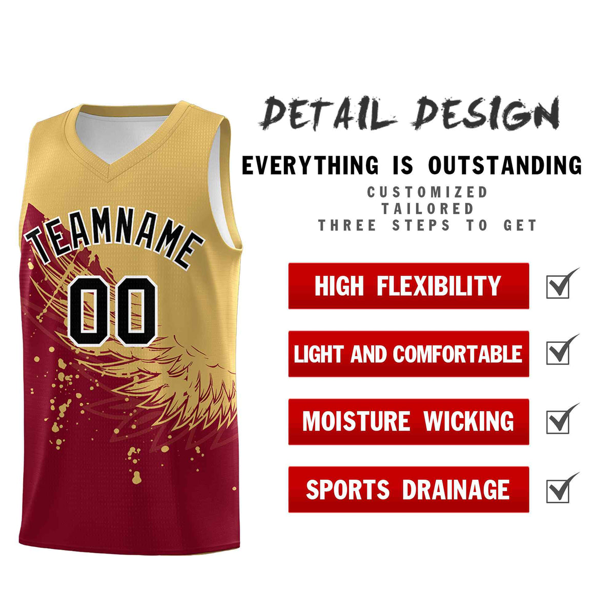 Custom Crimson Old Gold Wing Pattern Sports Uniform Basketball Jersey