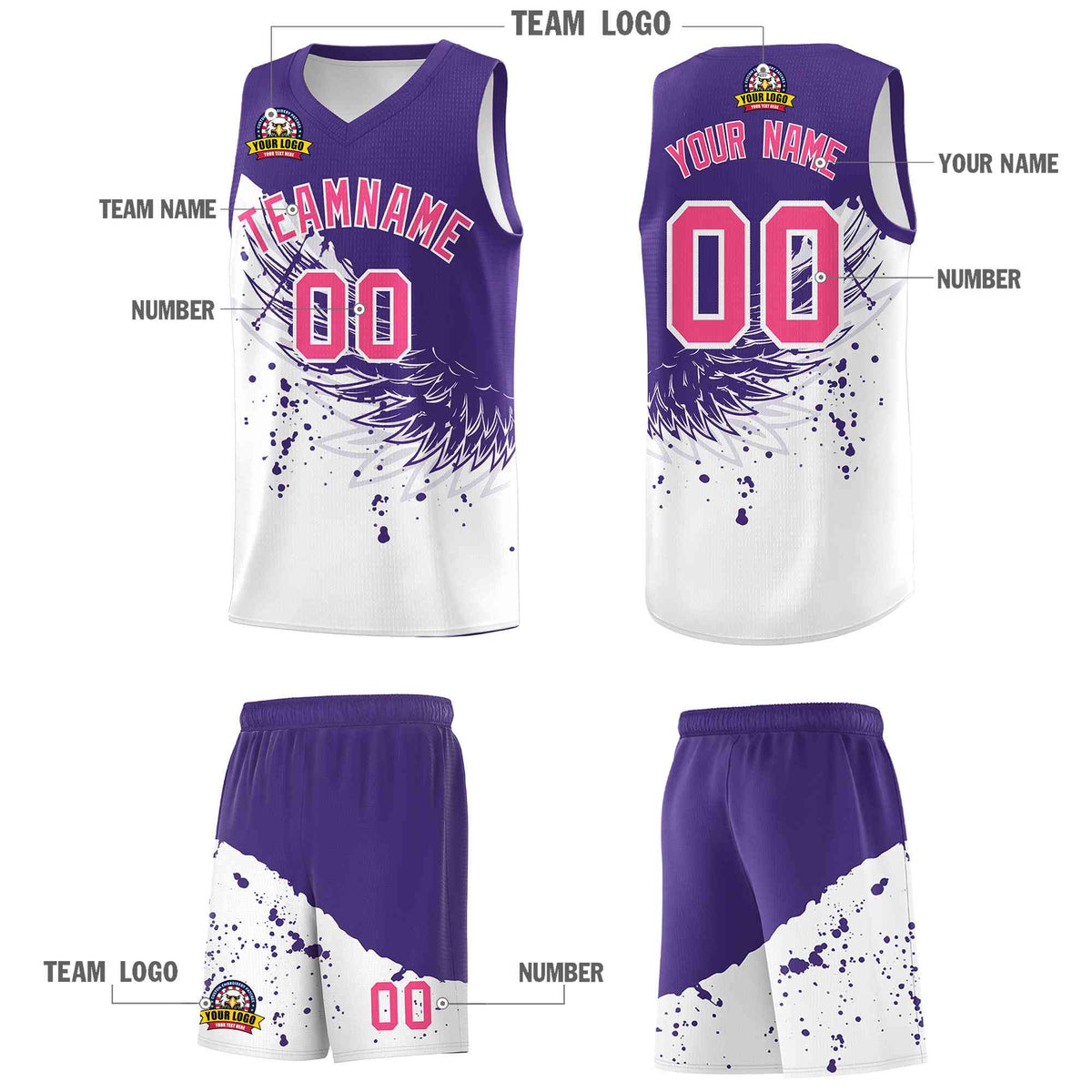 Custom White Purple Wing Pattern Sports Uniform Basketball Jersey
