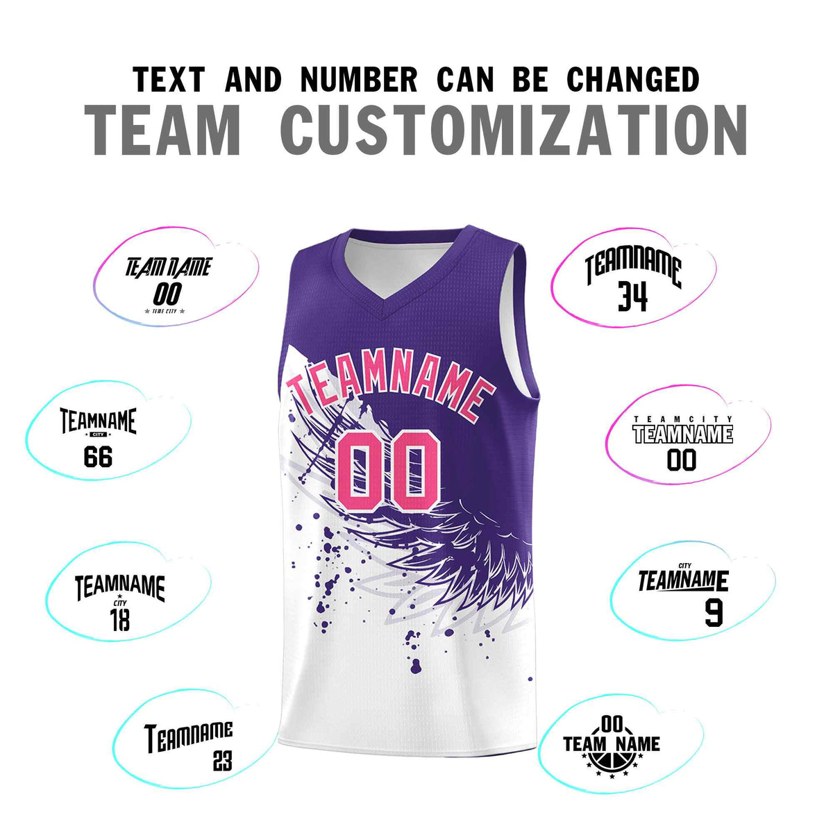 Custom White Purple Wing Pattern Sports Uniform Basketball Jersey