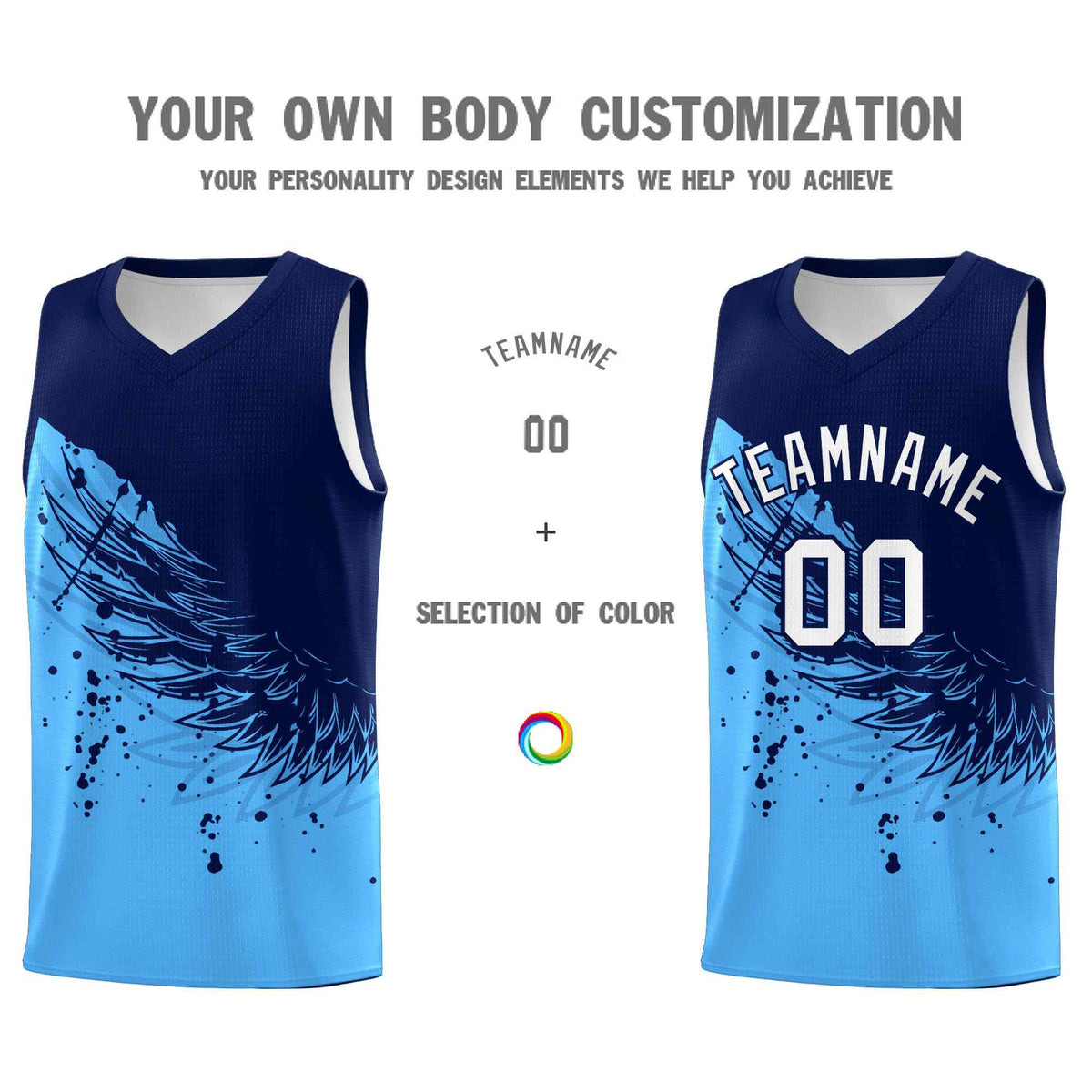 Custom Powder Blue Navy Wing Pattern Sports Uniform Basketball Jersey