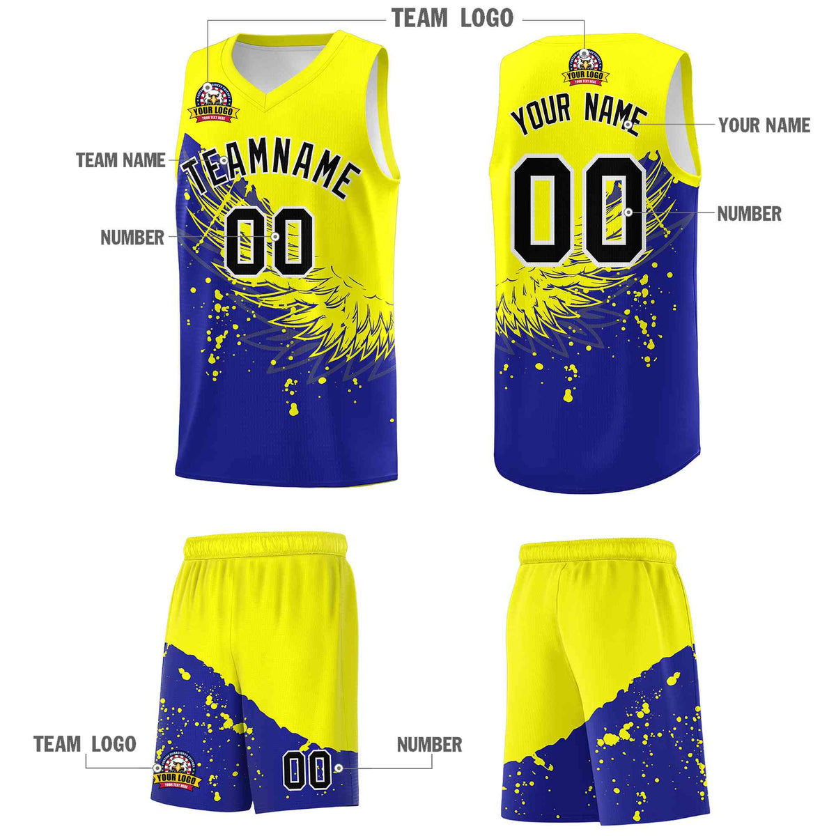 Custom Royal Fluorescent Yellow Wing Pattern Sports Uniform Basketball Jersey