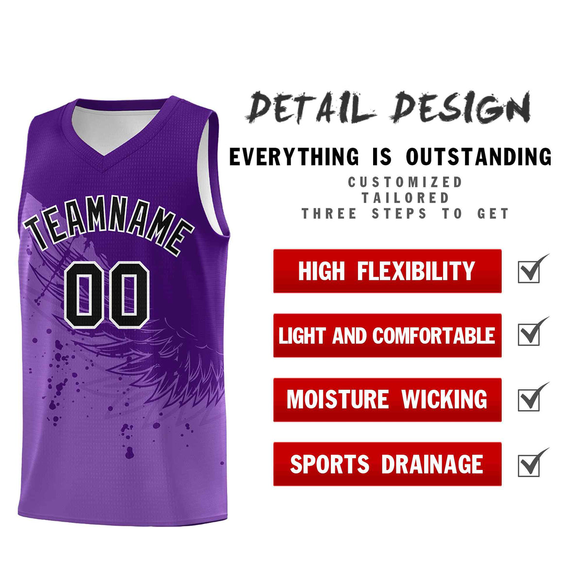Custom Light Purple Purple Wing Pattern Sports Uniform Basketball Jersey