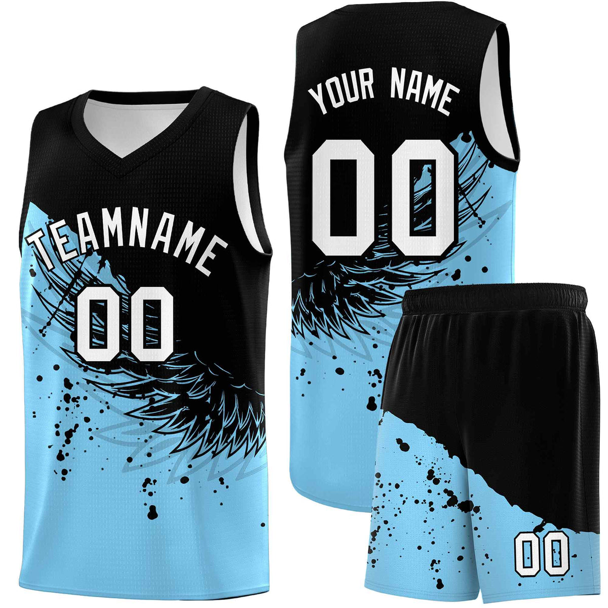 Custom Light Blue Black Wing Pattern Sports Uniform Basketball Jersey