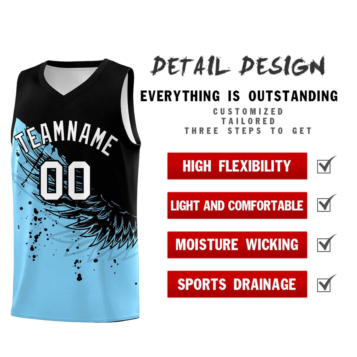 Custom Light Blue Black Wing Pattern Sports Uniform Basketball Jersey