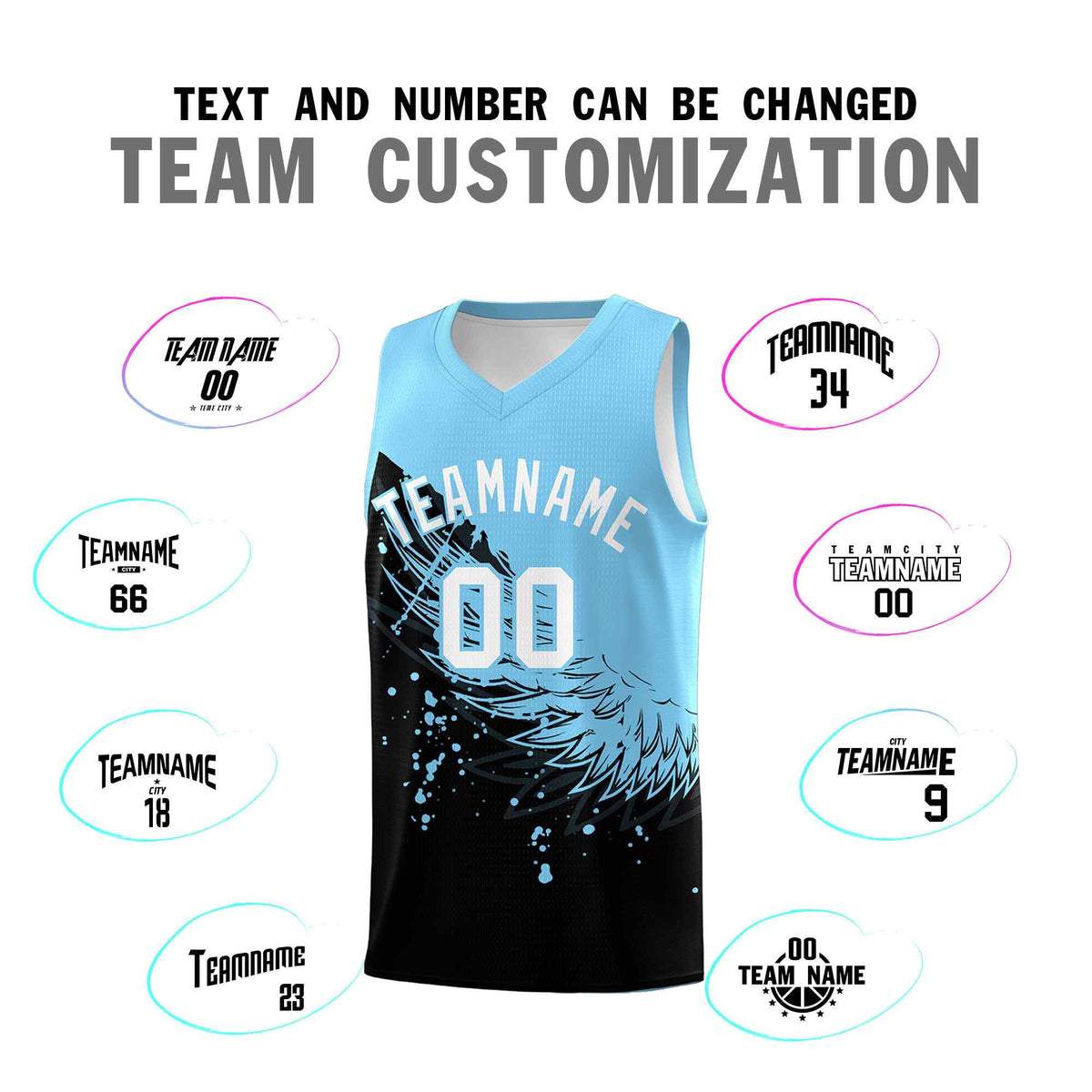Custom Black Light Blue Wing Pattern Sports Uniform Basketball Jersey