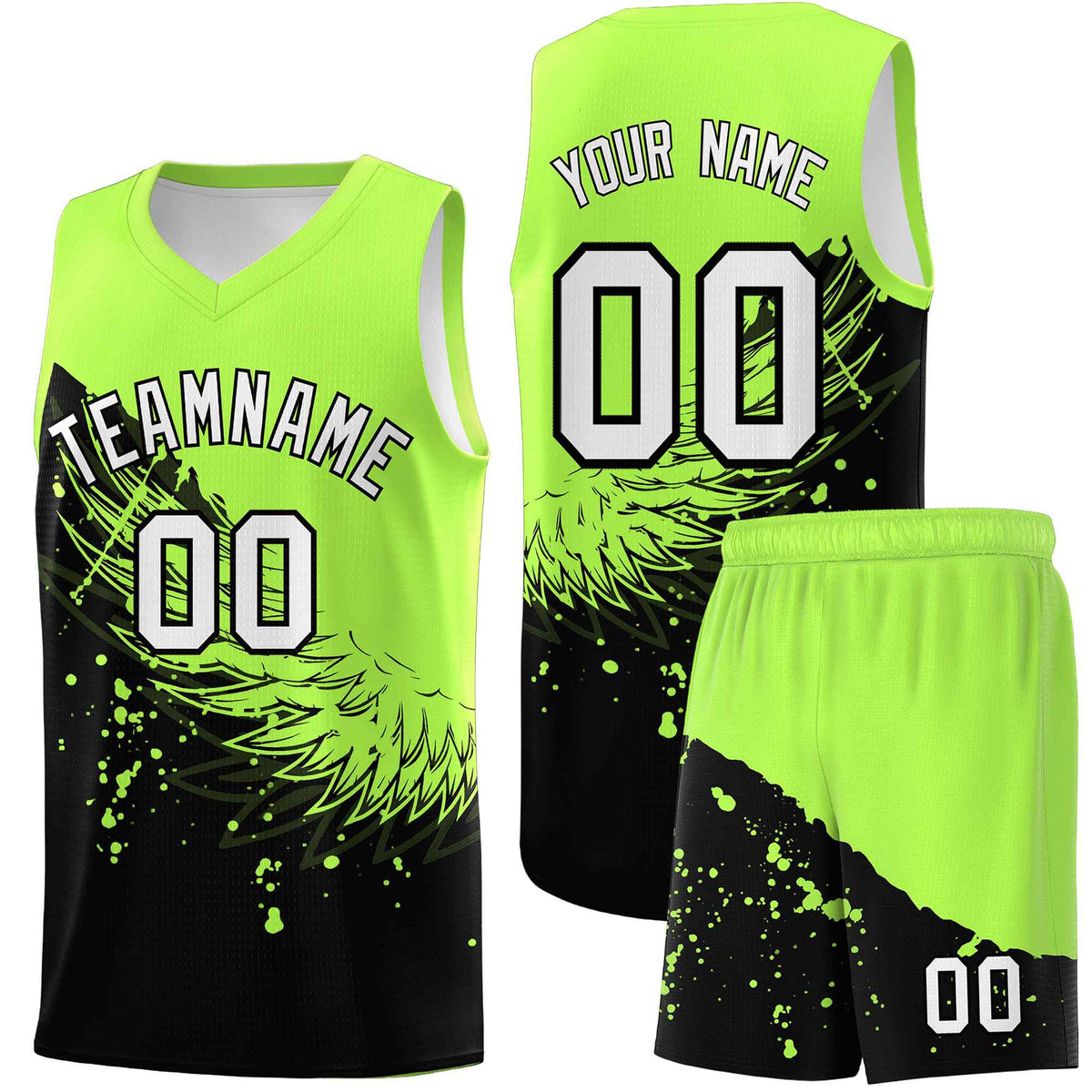 Custom Black Fluorescent Green Wing Pattern Sports Uniform Basketball Jersey
