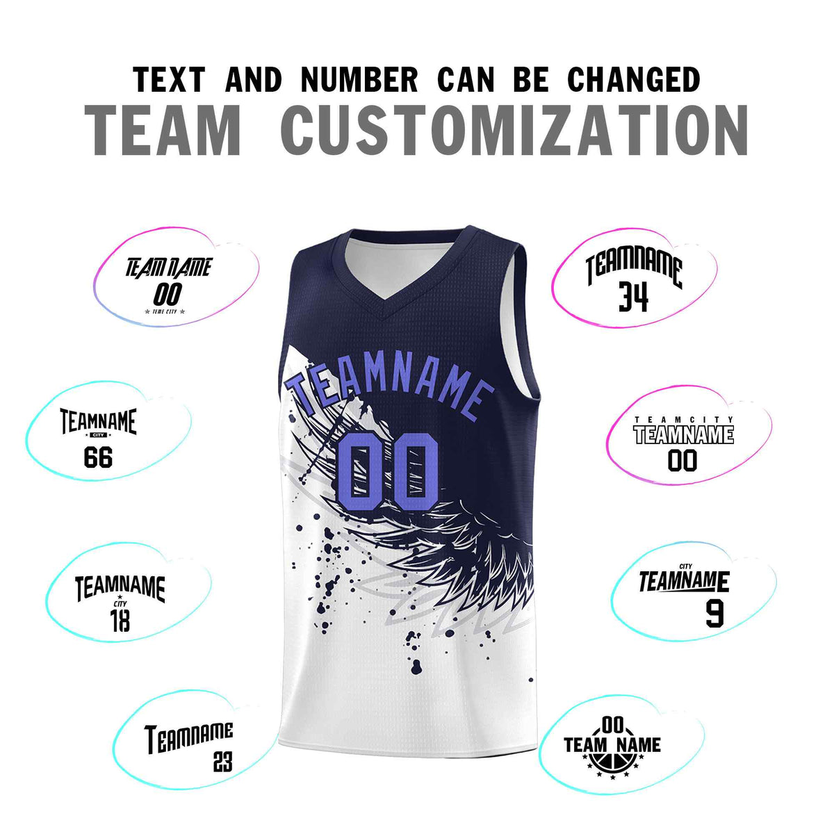 Custom White Navy Wing Pattern Sports Uniform Basketball Jersey