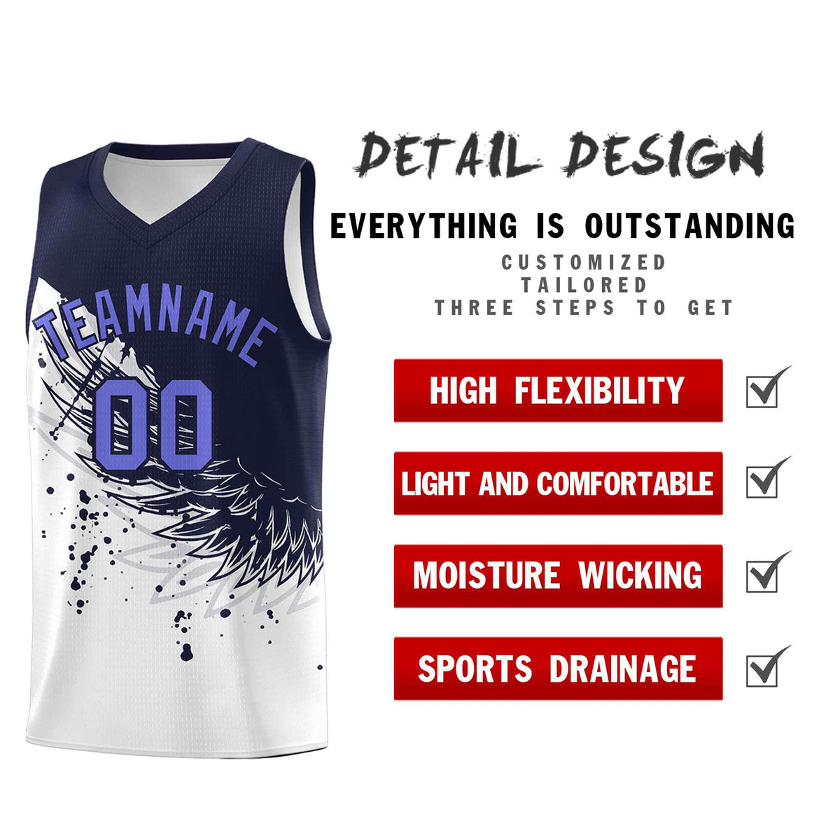 Custom White Navy Wing Pattern Sports Uniform Basketball Jersey