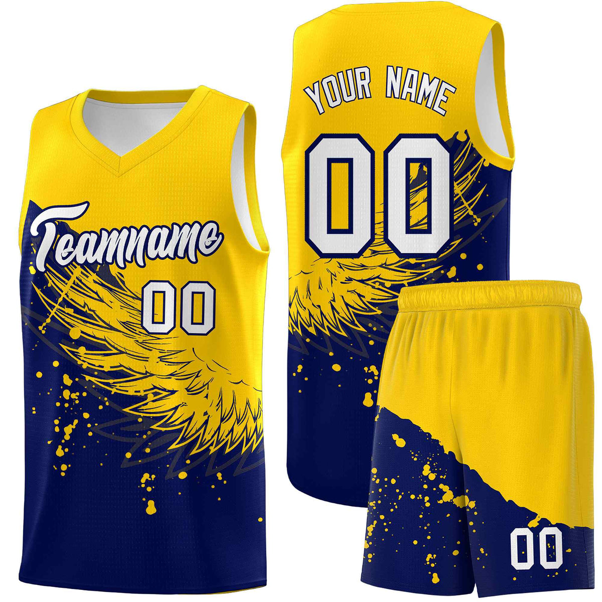 Custom Navy Gold Wing Pattern Sports Uniform Basketball Jersey