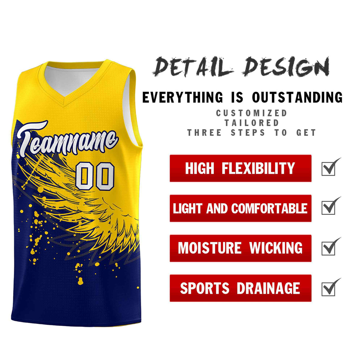 Custom Navy Gold Wing Pattern Sports Uniform Basketball Jersey