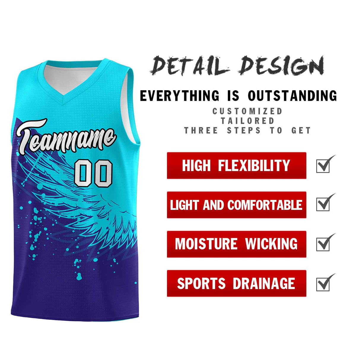 Custom Royal Sky Blue Wing Pattern Sports Uniform Basketball Jersey
