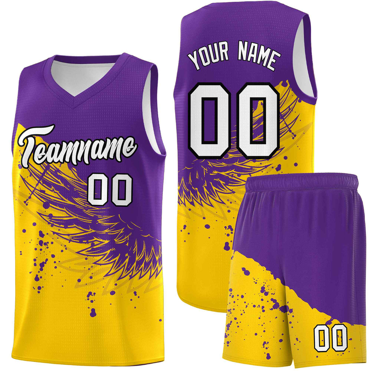 Custom Gold Purple Wing Pattern Sports Uniform Basketball Jersey
