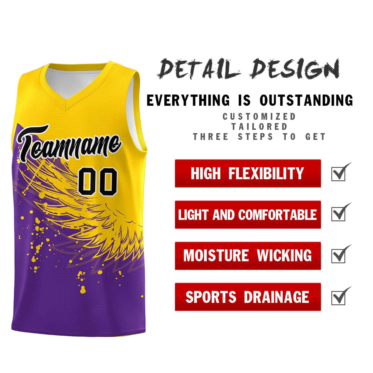 Custom Purple Gold Wing Pattern Sports Uniform Basketball Jersey
