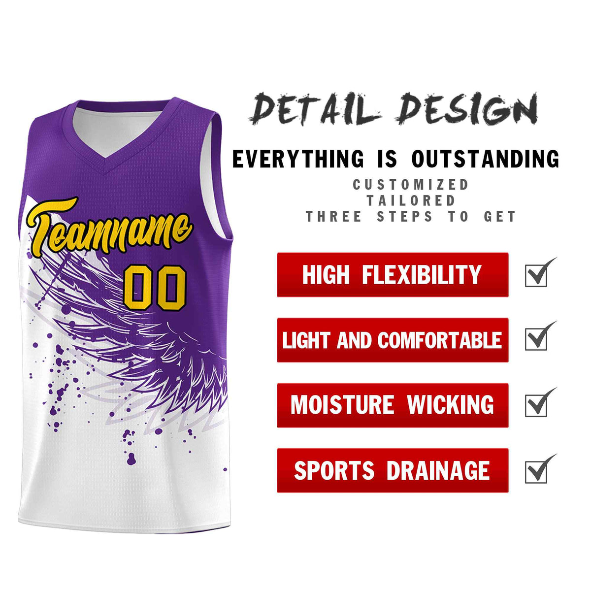 Custom White Purple Wing Pattern Sports Uniform Basketball Jersey