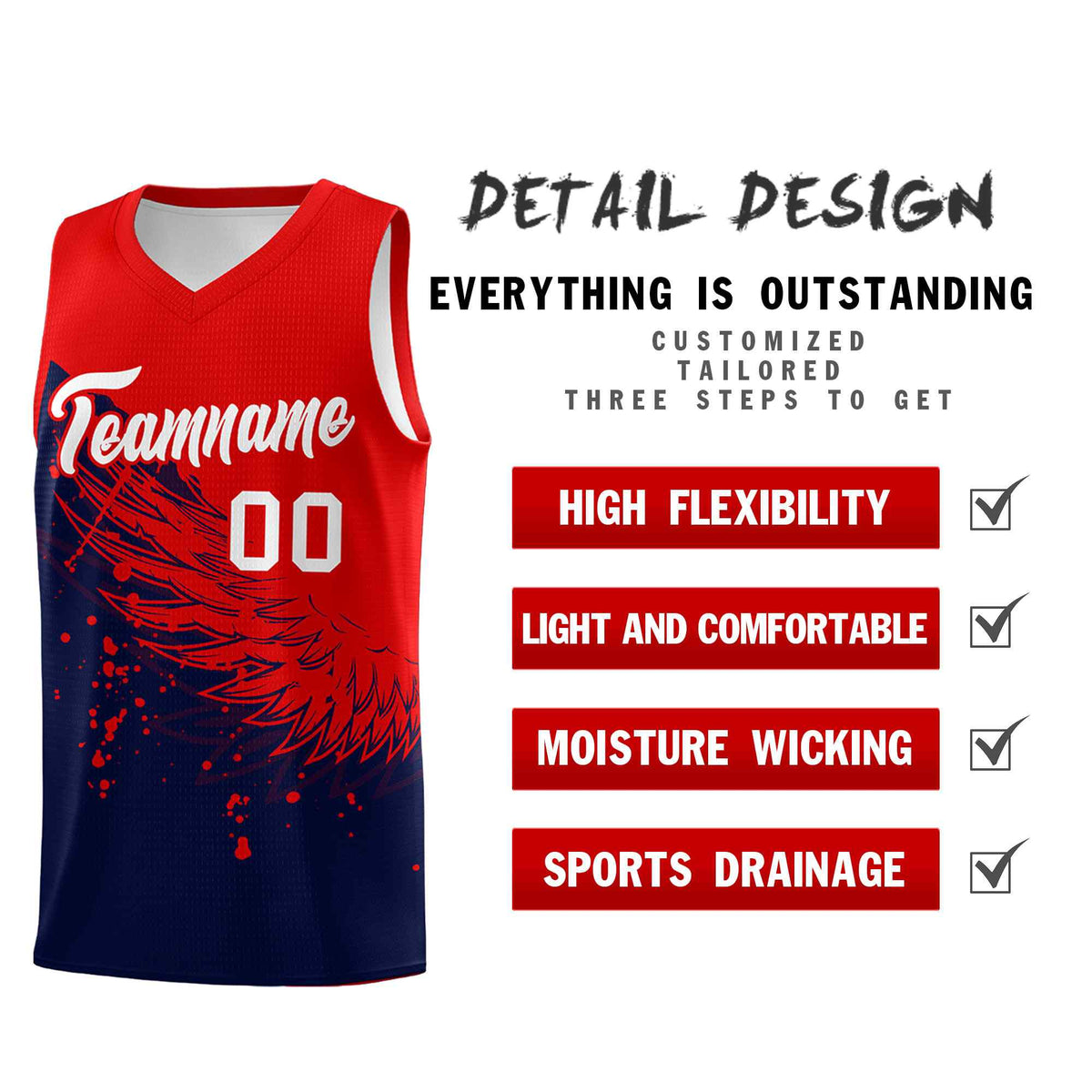 Custom Navy Red Wing Pattern Sports Uniform Basketball Jersey