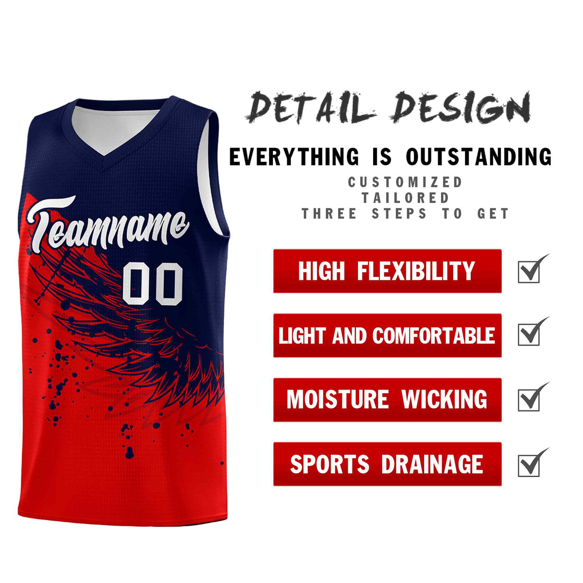 Custom Red Navy Wing Pattern Sports Uniform Basketball Jersey