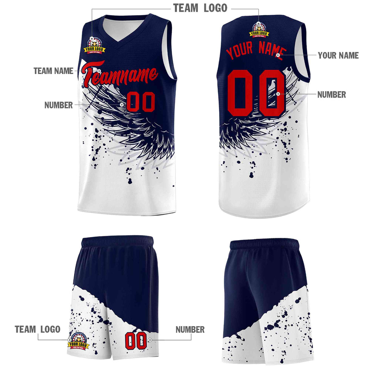 Custom White Navy Wing Pattern Sports Uniform Basketball Jersey