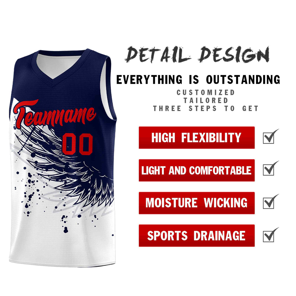 Custom White Navy Wing Pattern Sports Uniform Basketball Jersey
