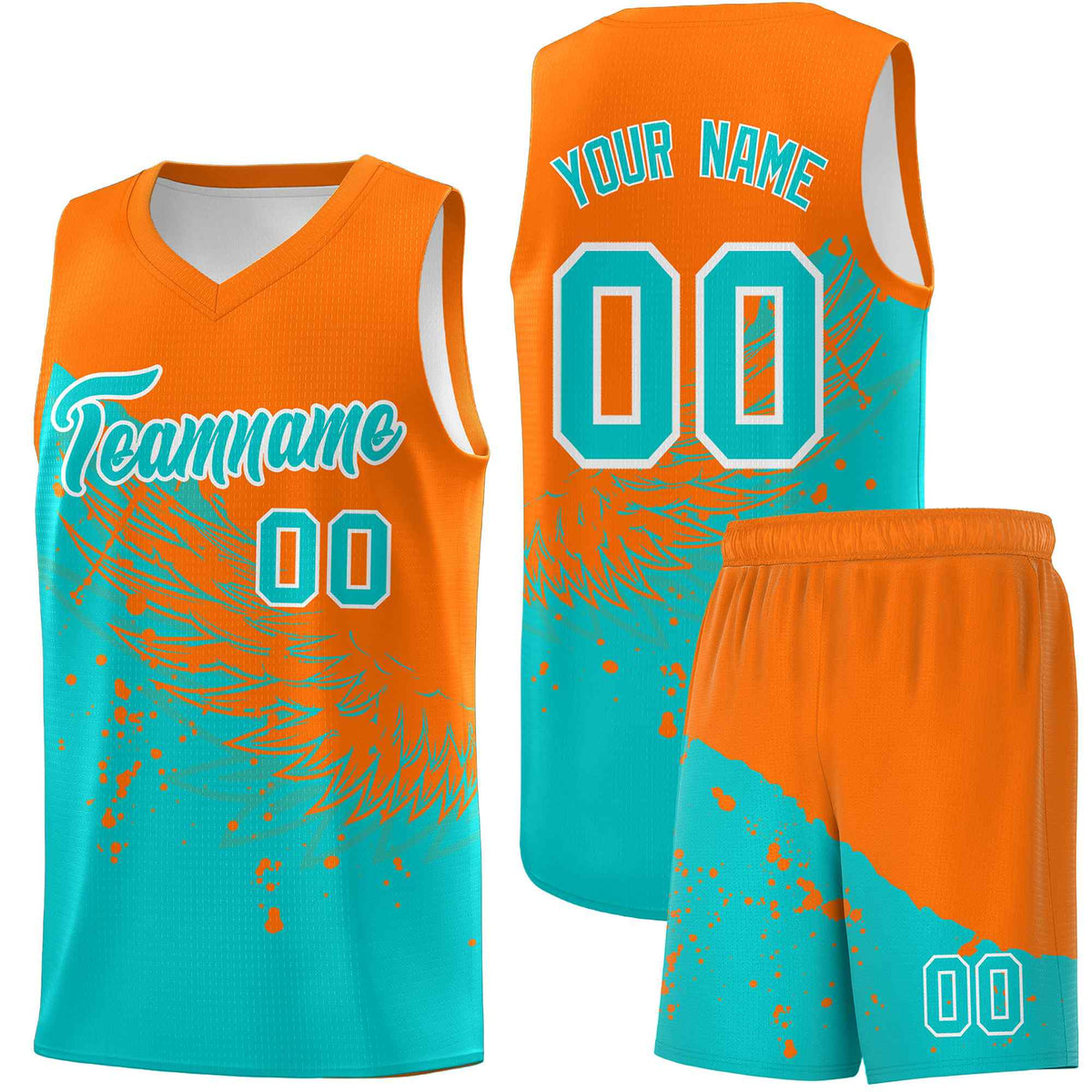 Custom Aqua Orange Wing Pattern Sports Uniform Basketball Jersey