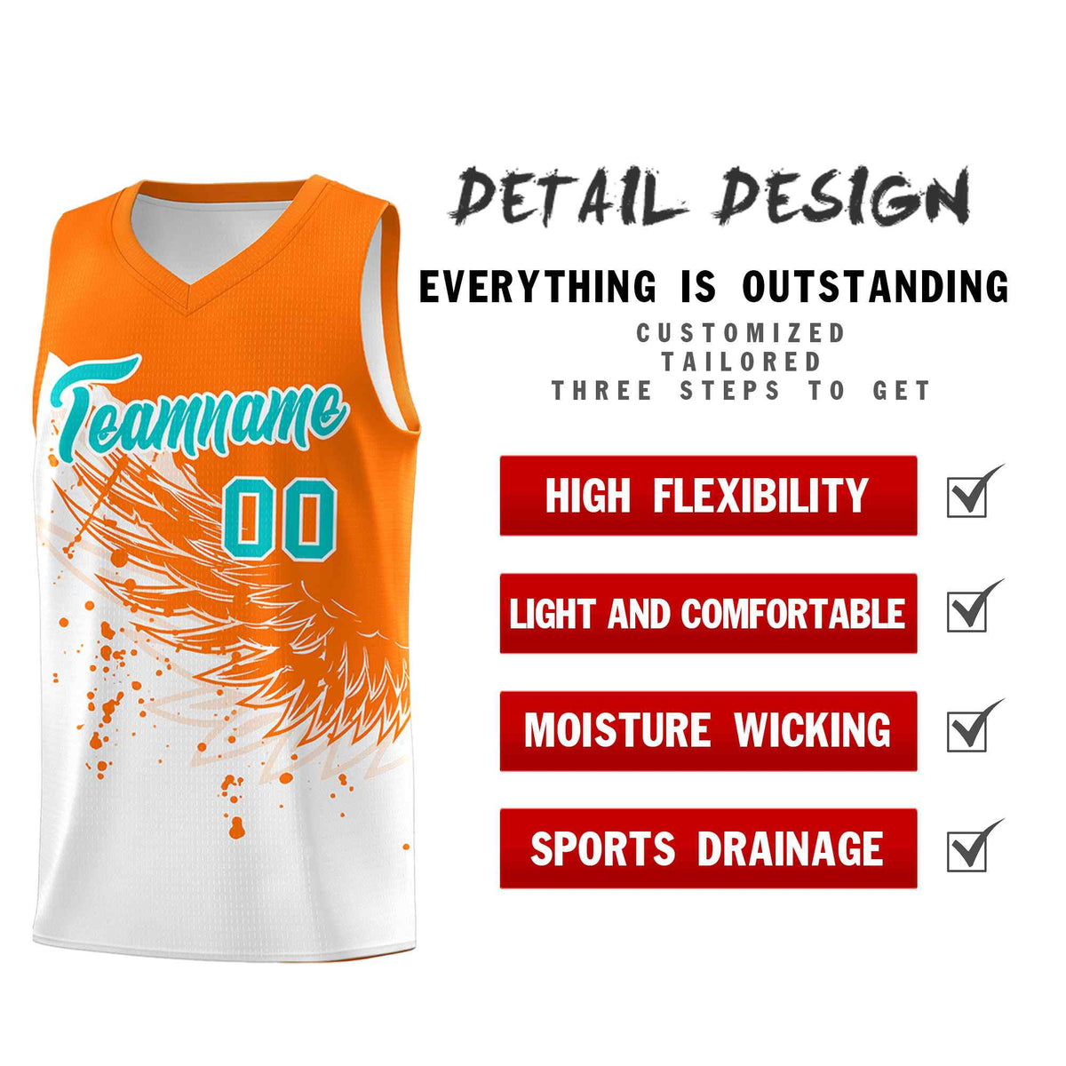 Custom White Orange Wing Pattern Sports Uniform Basketball Jersey
