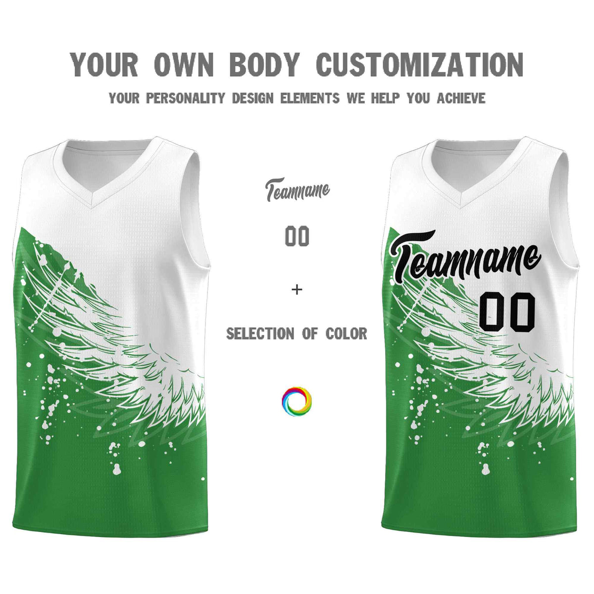 Custom Kelly Green White Wing Pattern Sports Uniform Basketball Jersey
