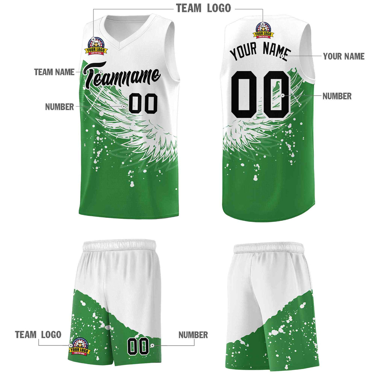 Custom Kelly Green White Wing Pattern Sports Uniform Basketball Jersey