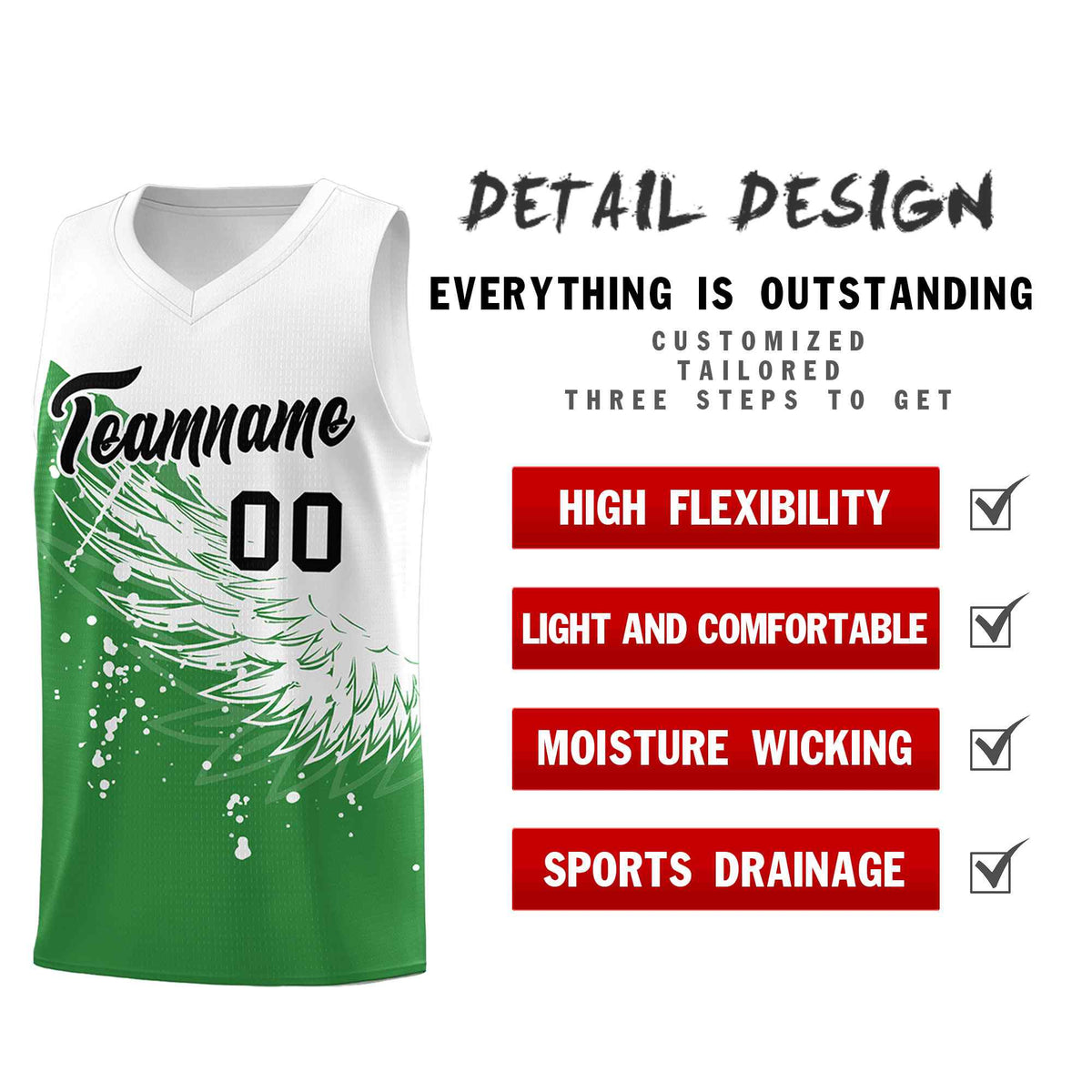 Custom Kelly Green White Wing Pattern Sports Uniform Basketball Jersey