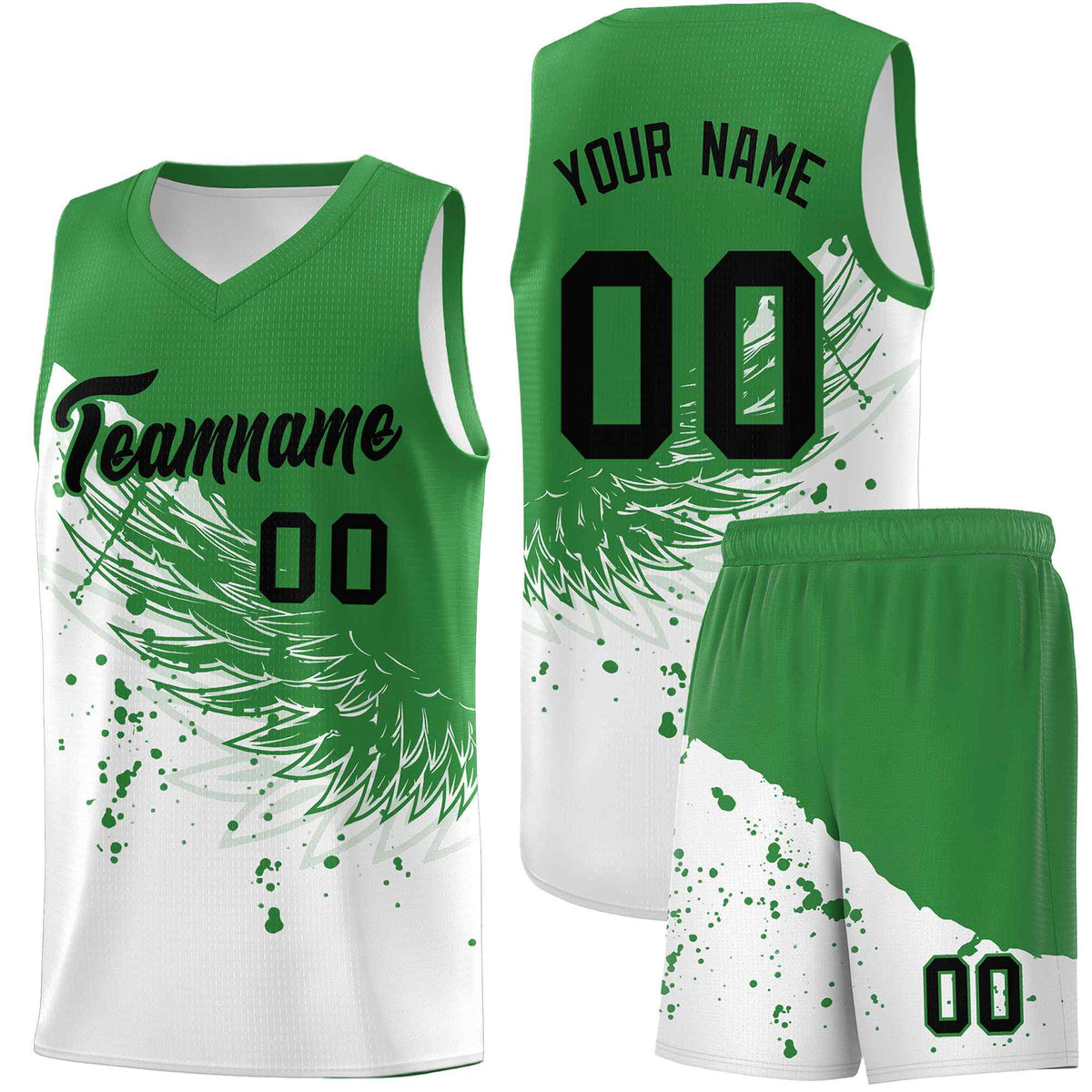 Custom White Kelly Green Wing Pattern Sports Uniform Basketball Jersey