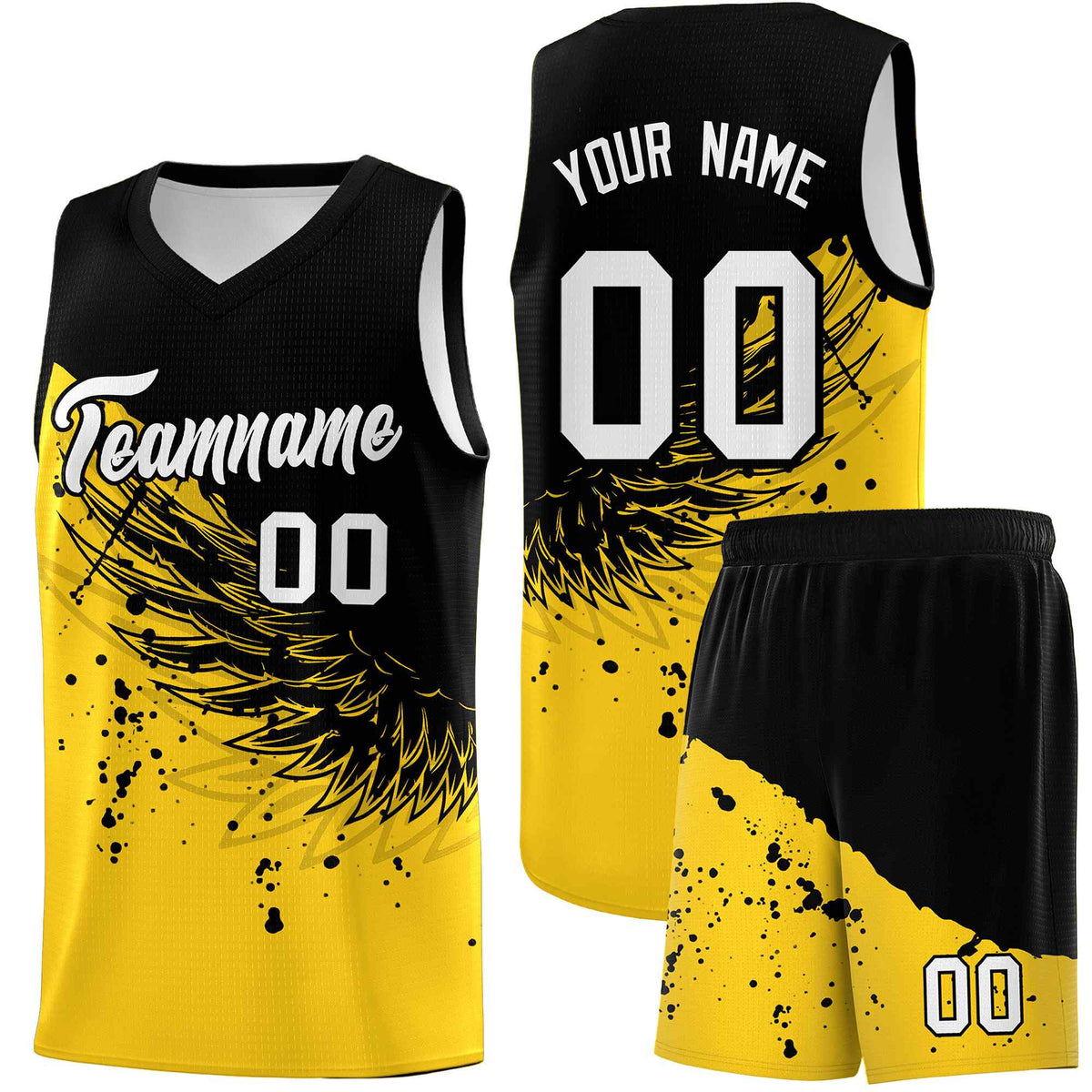 Custom Gold Black Wing Pattern Sports Uniform Basketball Jersey