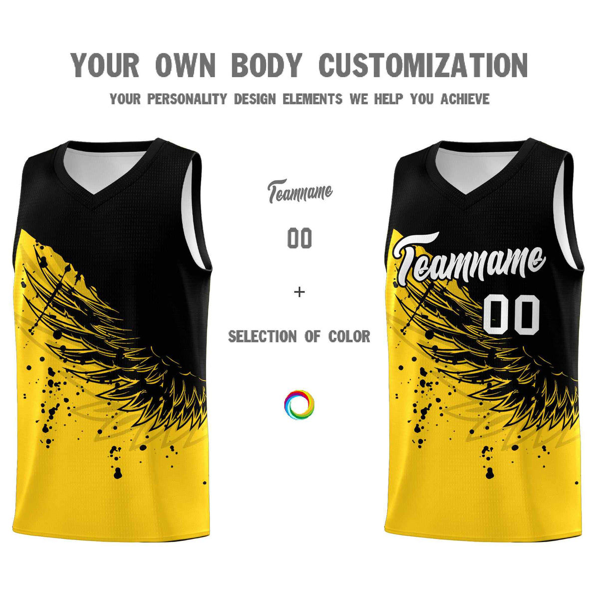 Custom Gold Black Wing Pattern Sports Uniform Basketball Jersey