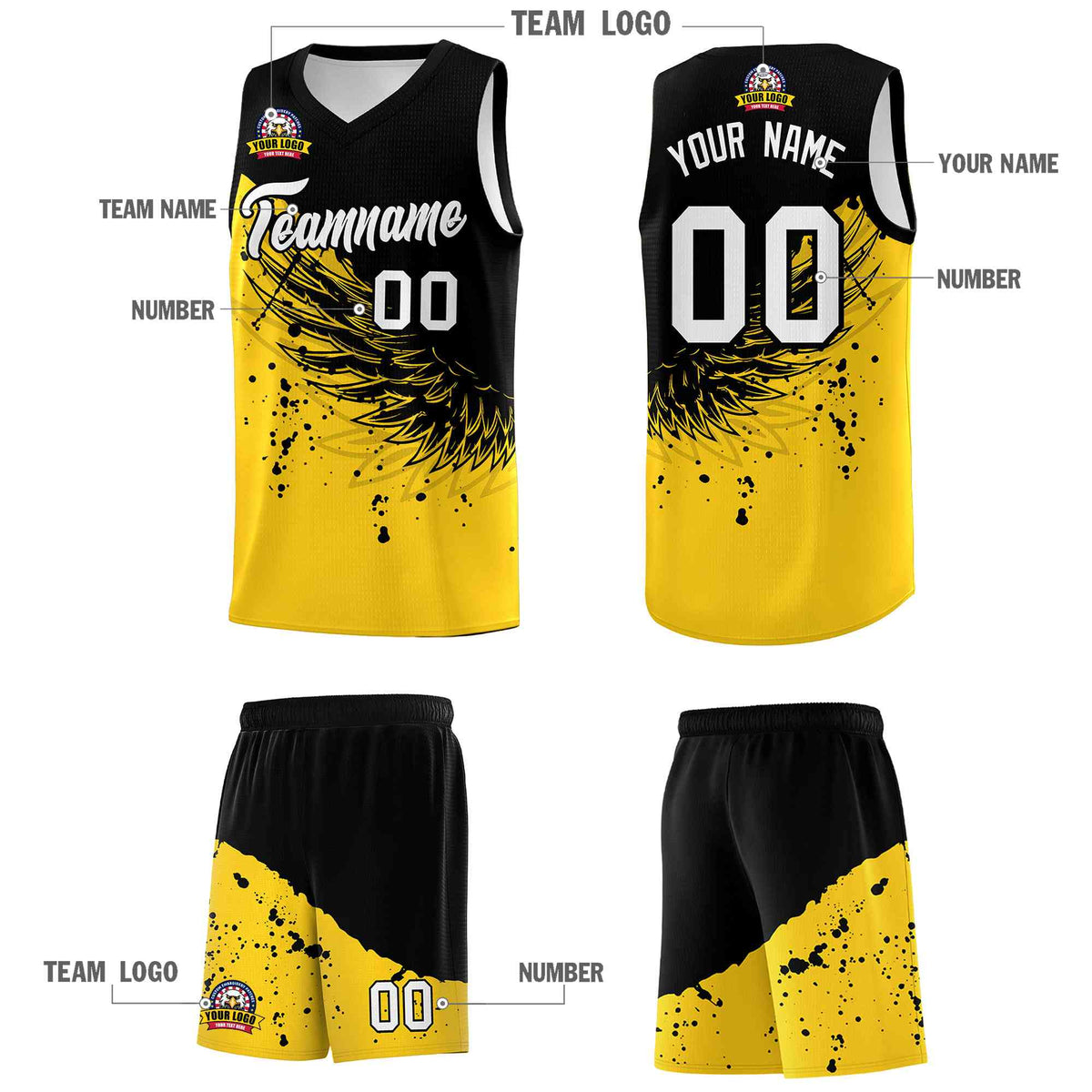 Custom Gold Black Wing Pattern Sports Uniform Basketball Jersey