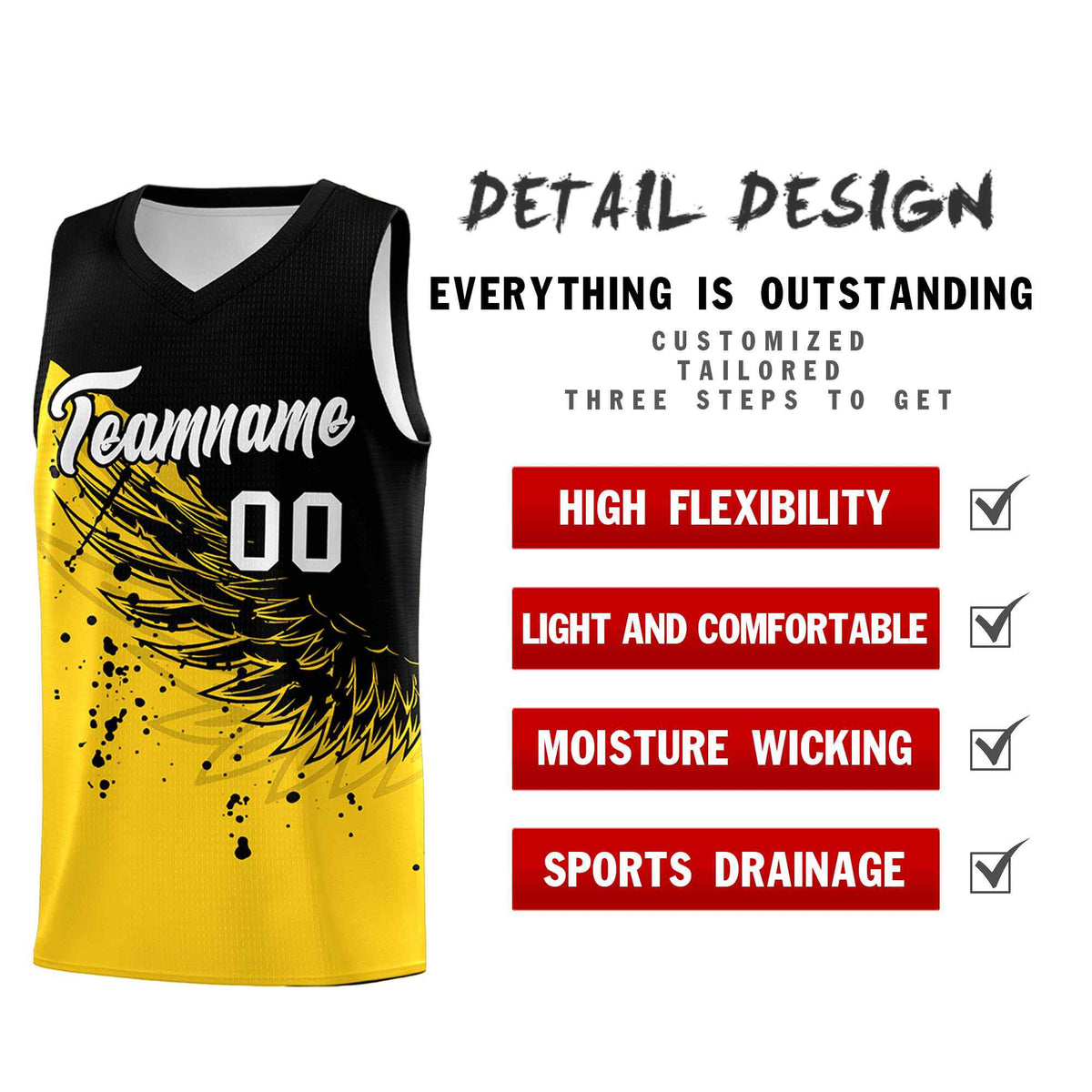 Custom Gold Black Wing Pattern Sports Uniform Basketball Jersey