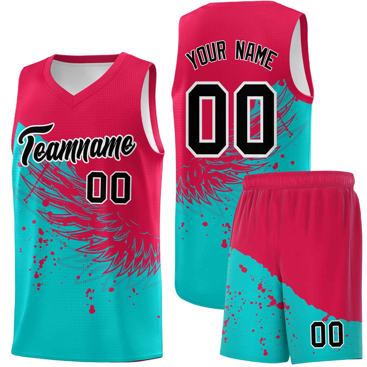 Custom Aqua Red Wing Pattern Sports Uniform Basketball Jersey