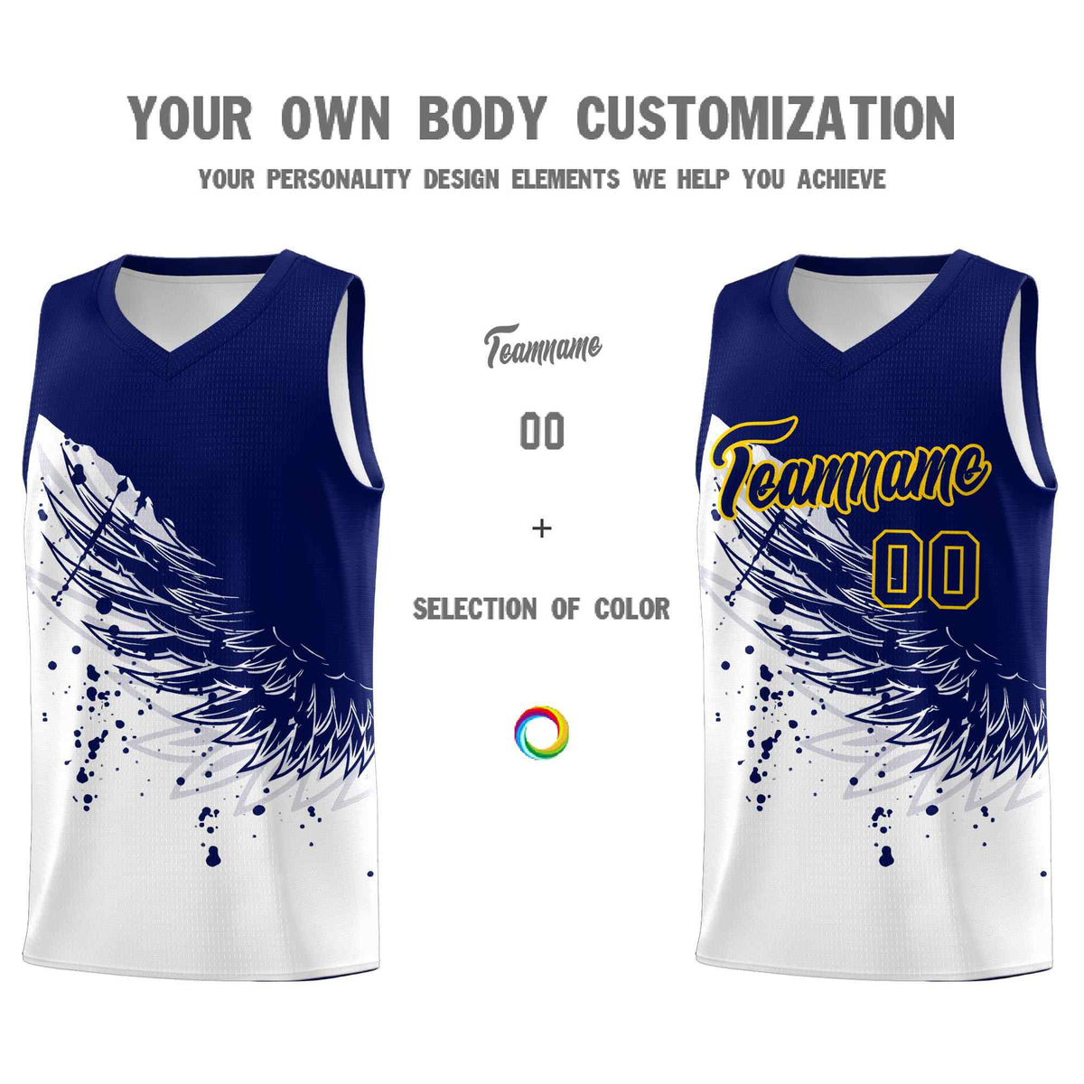 Custom White Navy Wing Pattern Sports Uniform Basketball Jersey