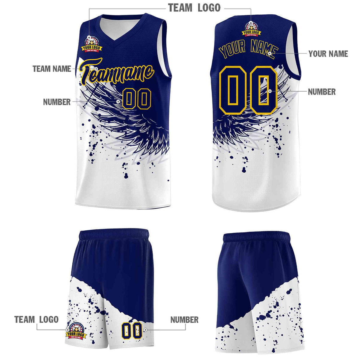 Custom White Navy Wing Pattern Sports Uniform Basketball Jersey
