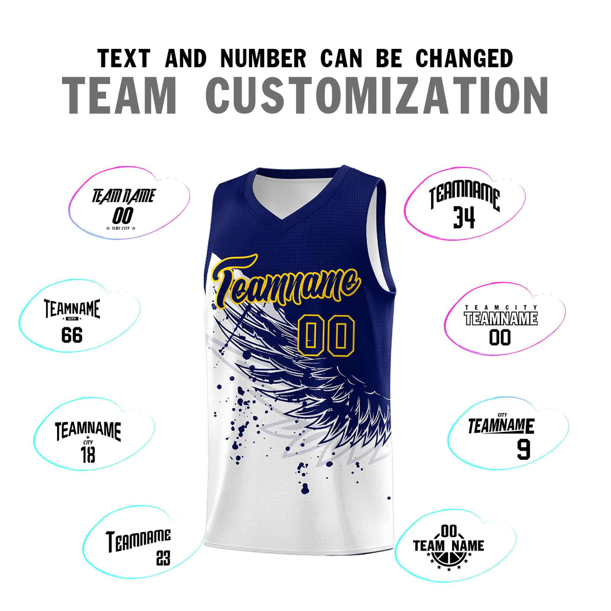 Custom White Navy Wing Pattern Sports Uniform Basketball Jersey