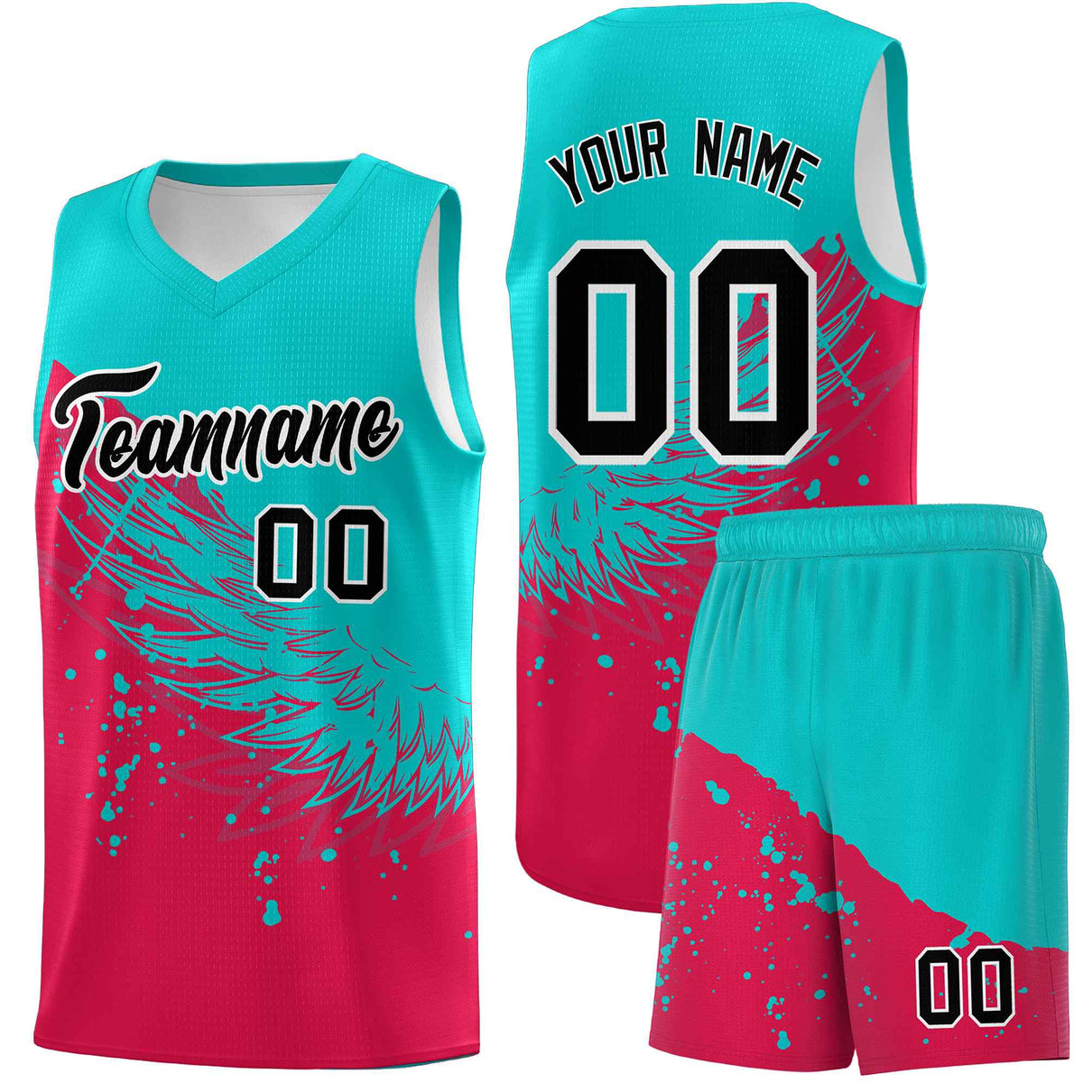 Custom Red Aqua Wing Pattern Sports Uniform Basketball Jersey