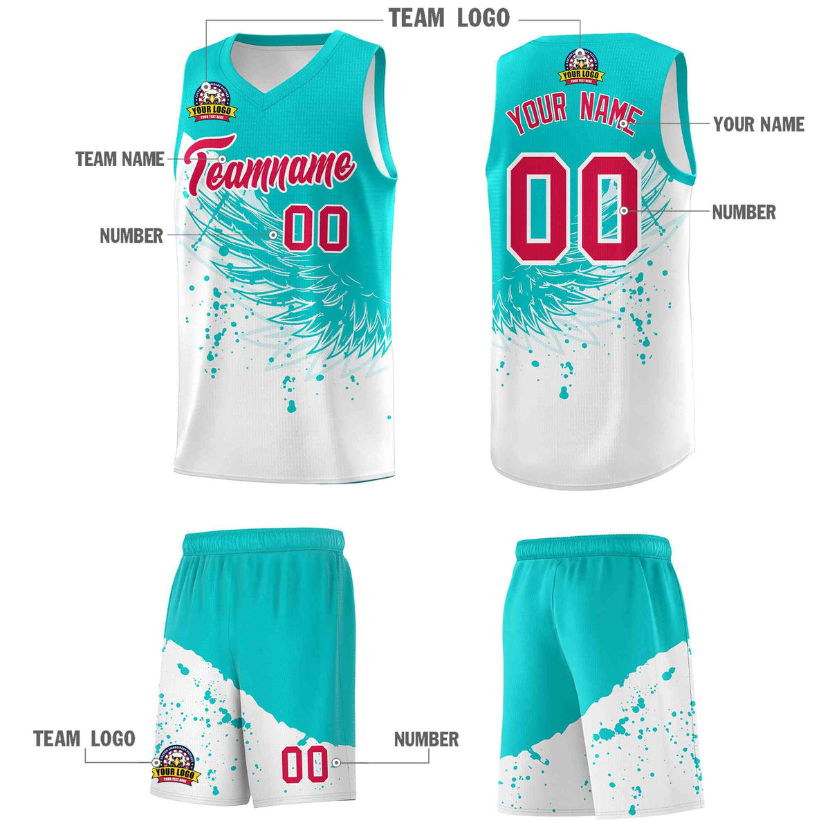 Custom White Aqua Wing Pattern Sports Uniform Basketball Jersey